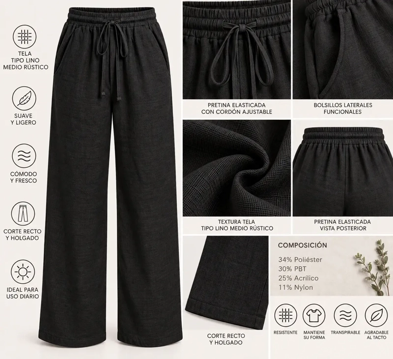 PANTALON MUJER LINO RECTO. AMPLIO CASUAL, CALIDAD PREMIUM 014P - 6