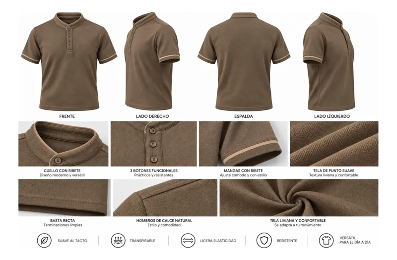 POLERA HOMBRE ALGODON SPANDEX TIPO HENLEY CAMISA ELASTICADA 6323 - 7