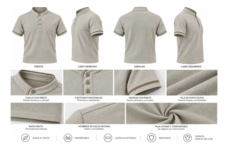 POLERA HOMBRE ALGODON SPANDEX TIPO HENLEY CAMISA ELASTICADA 6323 - 7