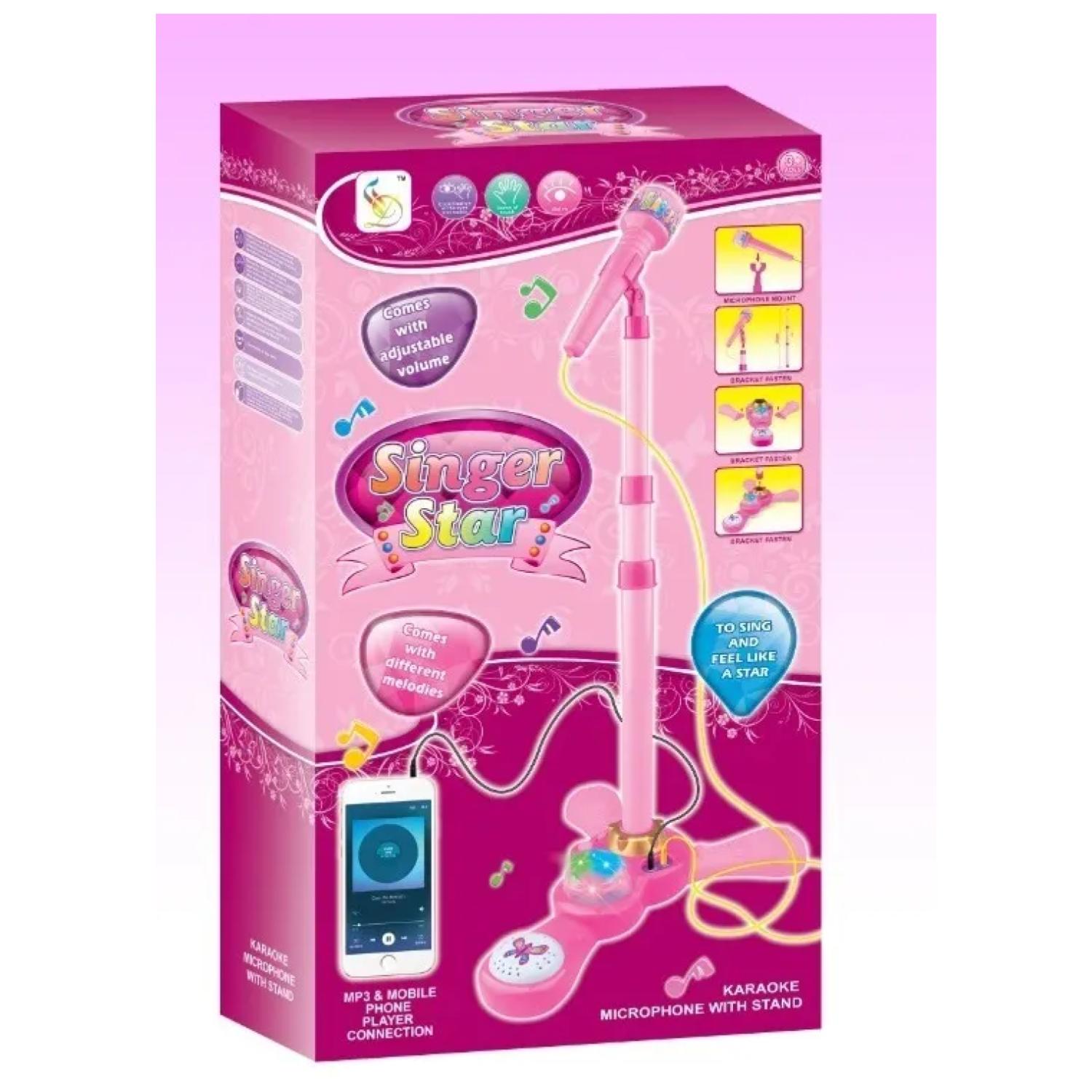 JUGUETE MICROFONO KARAOKE PEDESTAL LUCES MP3 ROSADO INFANTIL - 3