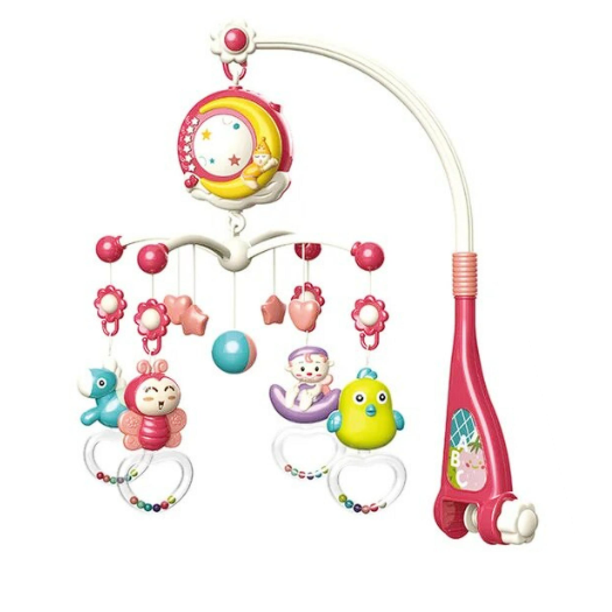 JUGUETE MÓVIL SONAJERO INFANTIL CON LUZ Y SONIDO ANIMALES ROSADO - 1