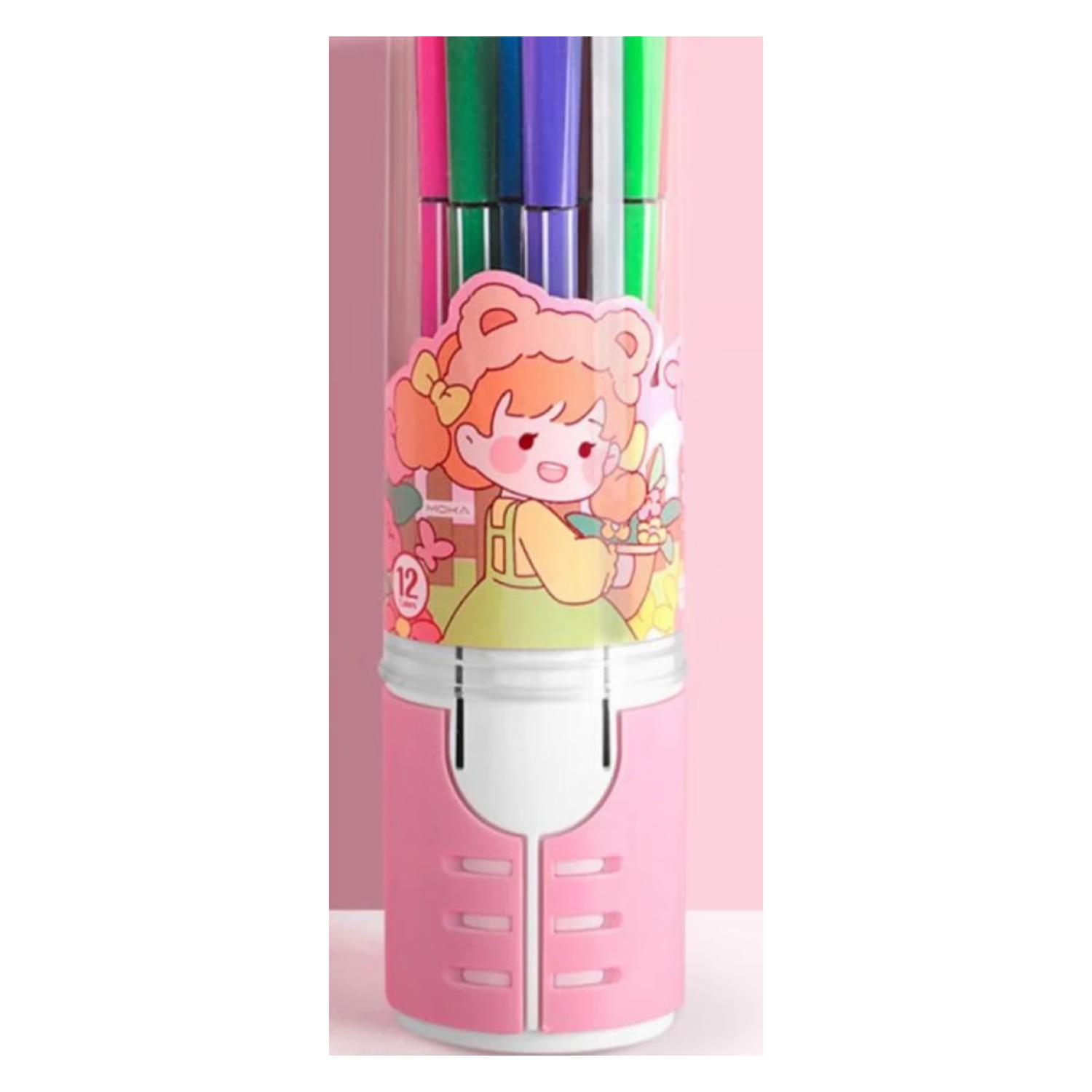 PACK 12 LAPICES BOLIGRAFOS DE COLORES ROSADO MUÑECA KAWAII - 1
