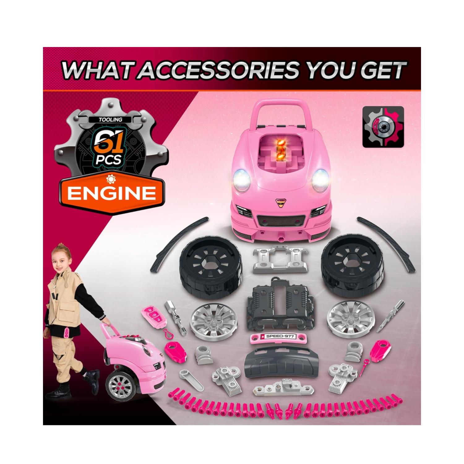 JUGUETE AUTO PARA REPARAR CON LUCES SONIDOS Y ACCESORIOS ROSA - 3