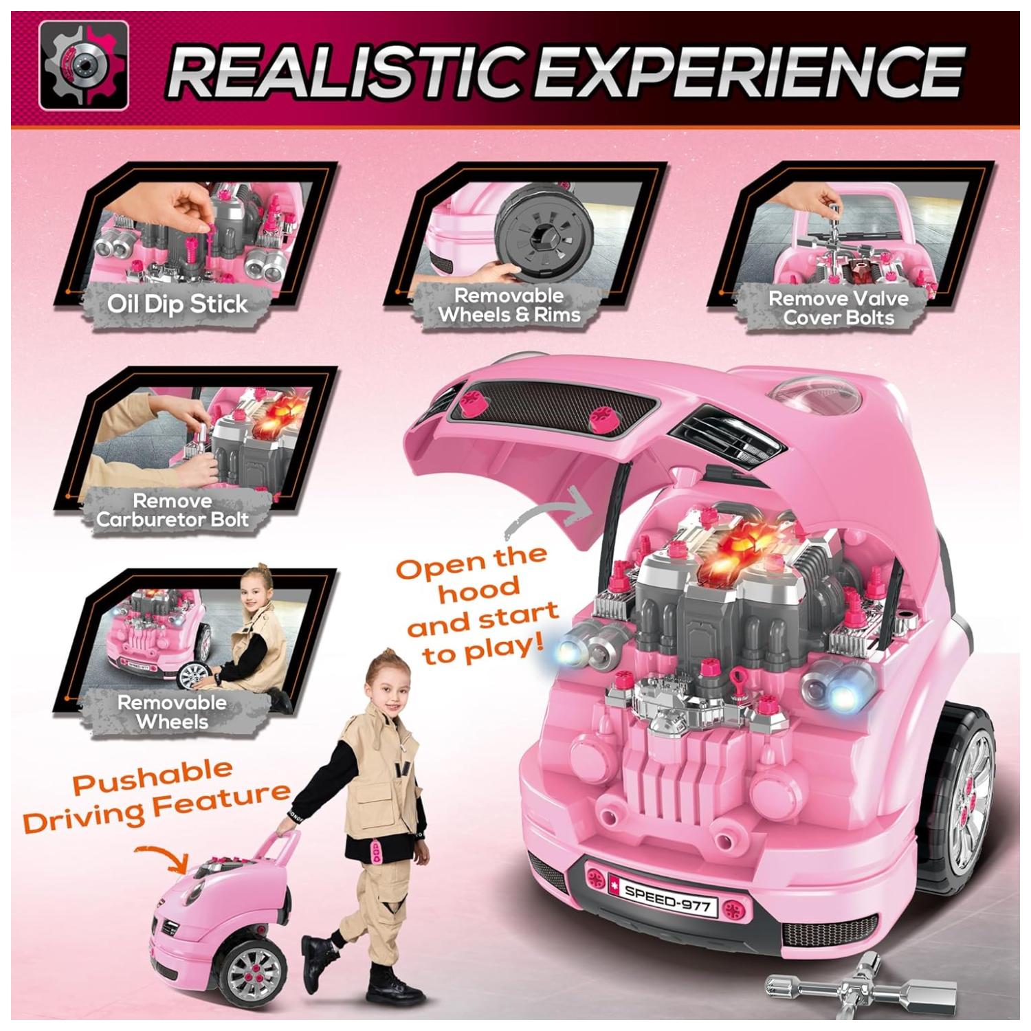 JUGUETE AUTO PARA REPARAR CON LUCES SONIDOS Y ACCESORIOS ROSA - 4