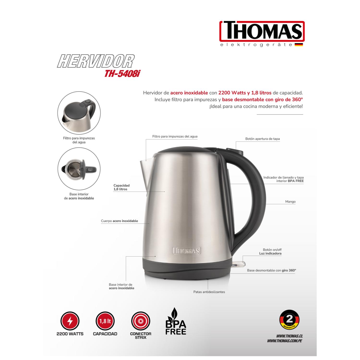 HERVIDOR ELECTRICO 1800ML 2200W ACERO INOXIDABLE TH-5408I - 5