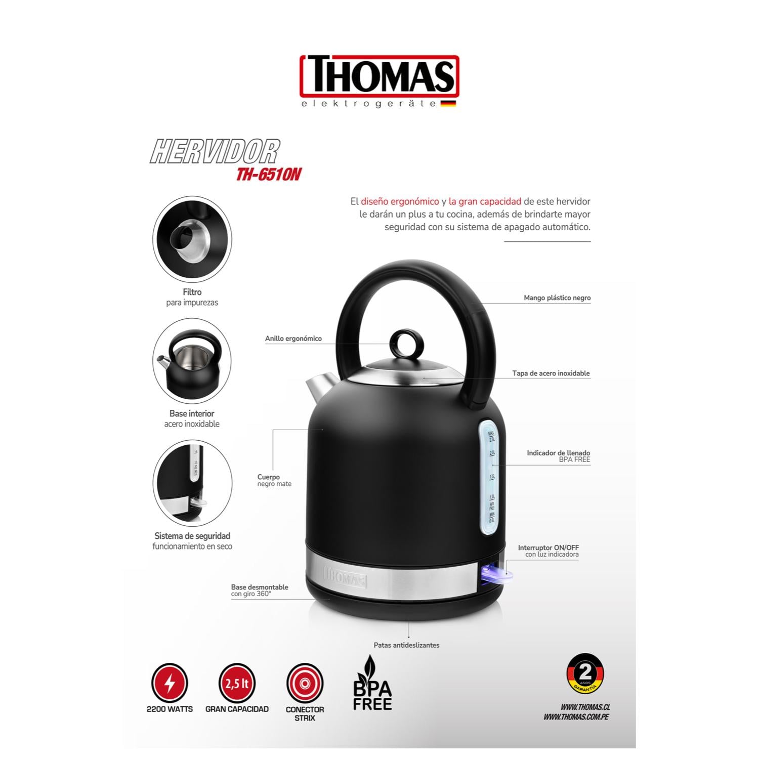 HERVIDOR ELECTRICO 2500ML 2200W NEGRO MATE TH-6510N THOMAS - 4