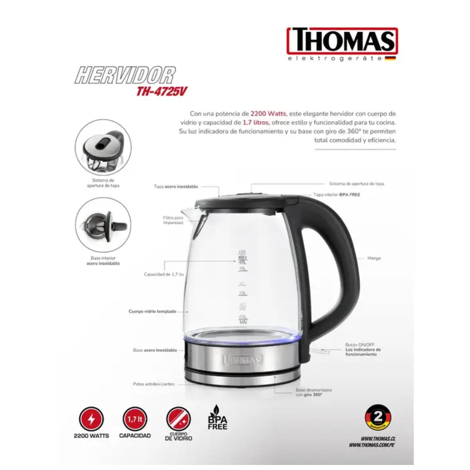 HERVIDOR ELECTRICO 1700ML 2200W VIDRIO TH-4725V THOMAS - 7