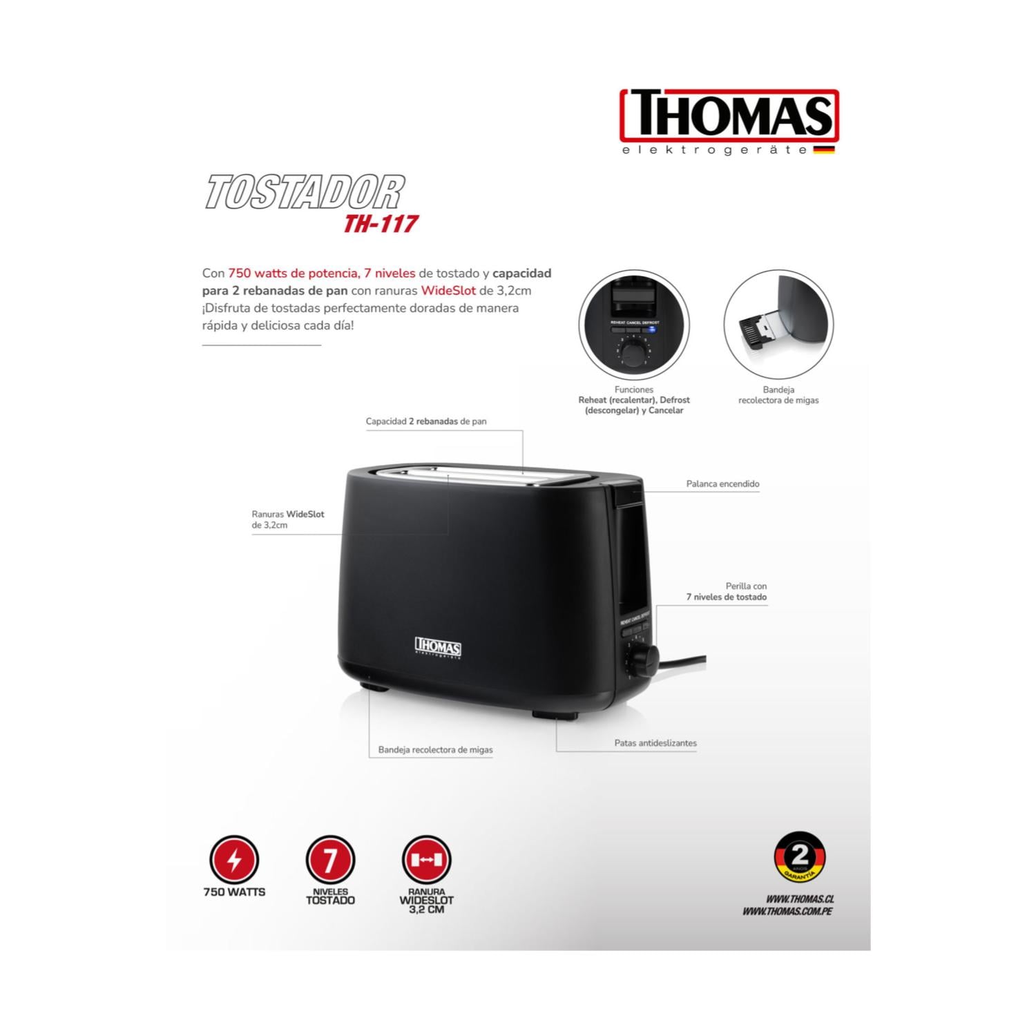 TOSTADOR DE PAN 2 PANES 750W 7NIV NEGRO TH-117 THOMAS - 5