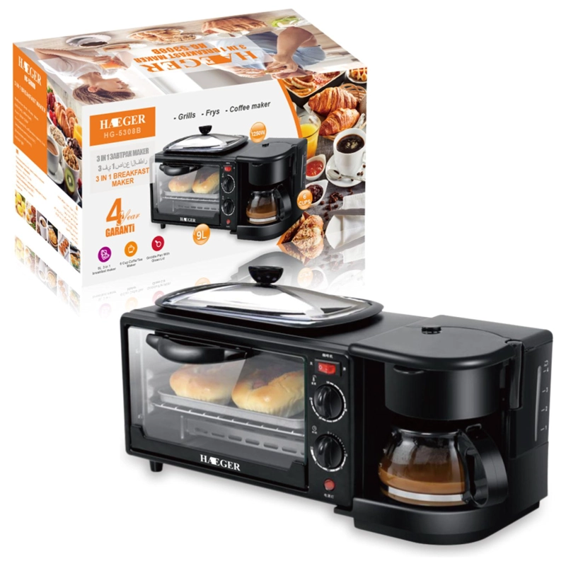 HORNO ELECTRICO 3 EN 1 PLANCHA CAFETERA HG-5308B HEAGER - 5