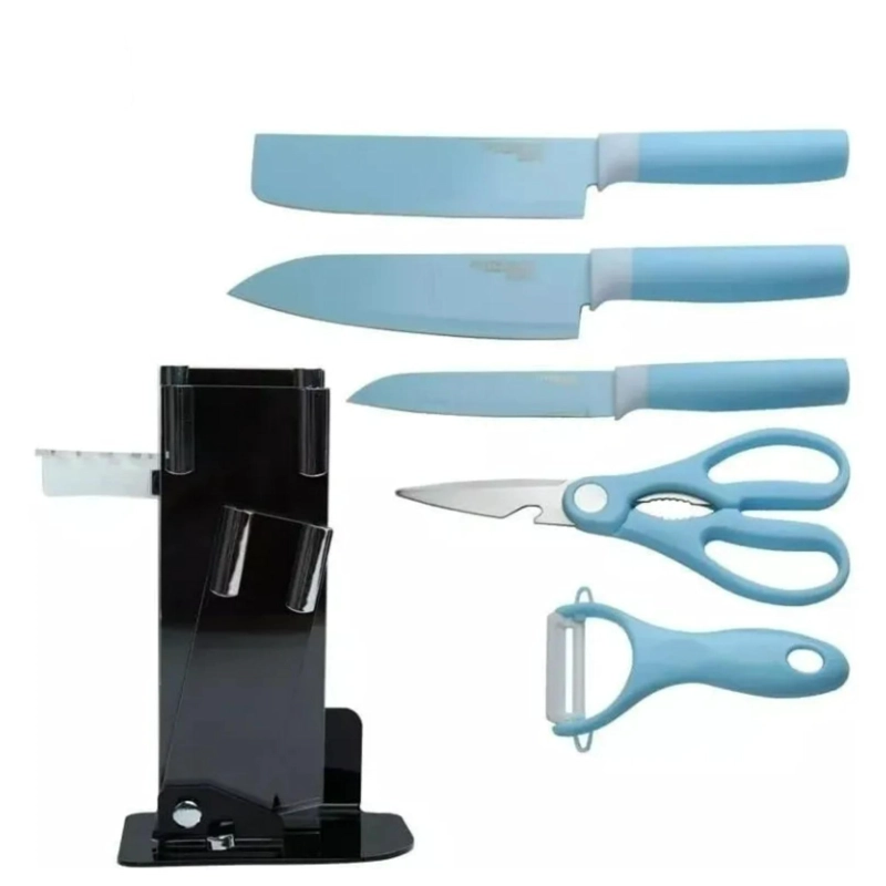 SET DE 6 PIEZAS INOXIDABLES CUCHILLOS TIJERAS PELADOR AZUL - 2