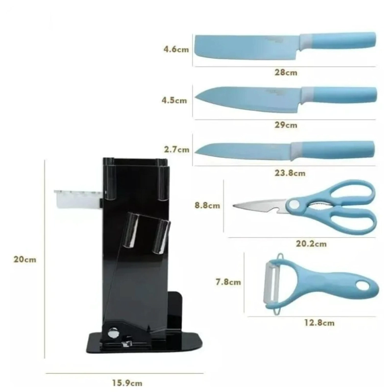 SET DE 6 PIEZAS INOXIDABLES CUCHILLOS TIJERAS PELADOR AZUL - 3