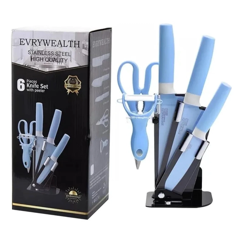 SET DE 6 PIEZAS INOXIDABLES CUCHILLOS TIJERAS PELADOR AZUL - 4