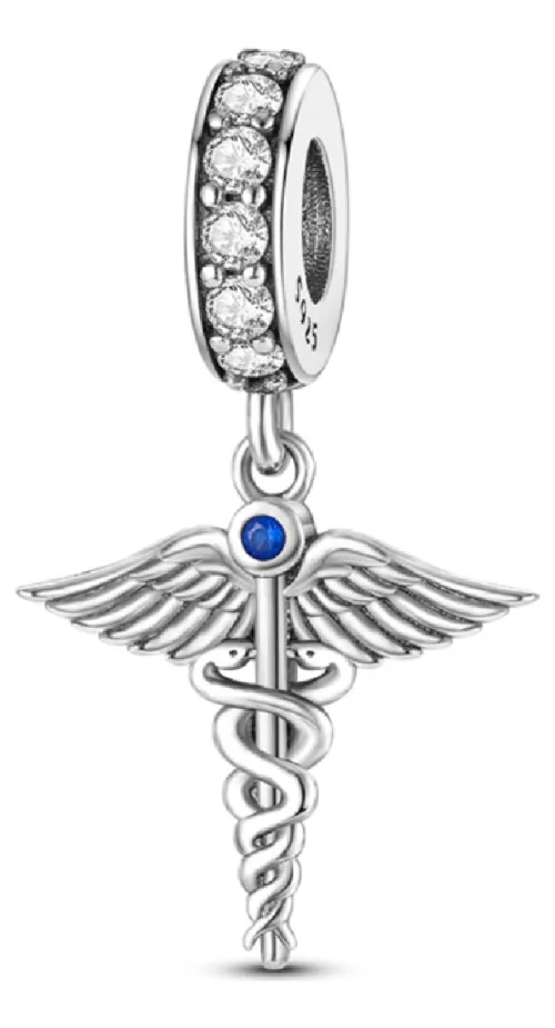 CHARM VARA DE ESCULAPIO MEDICINA EN PLATA 925 SILVER HEART - 1
