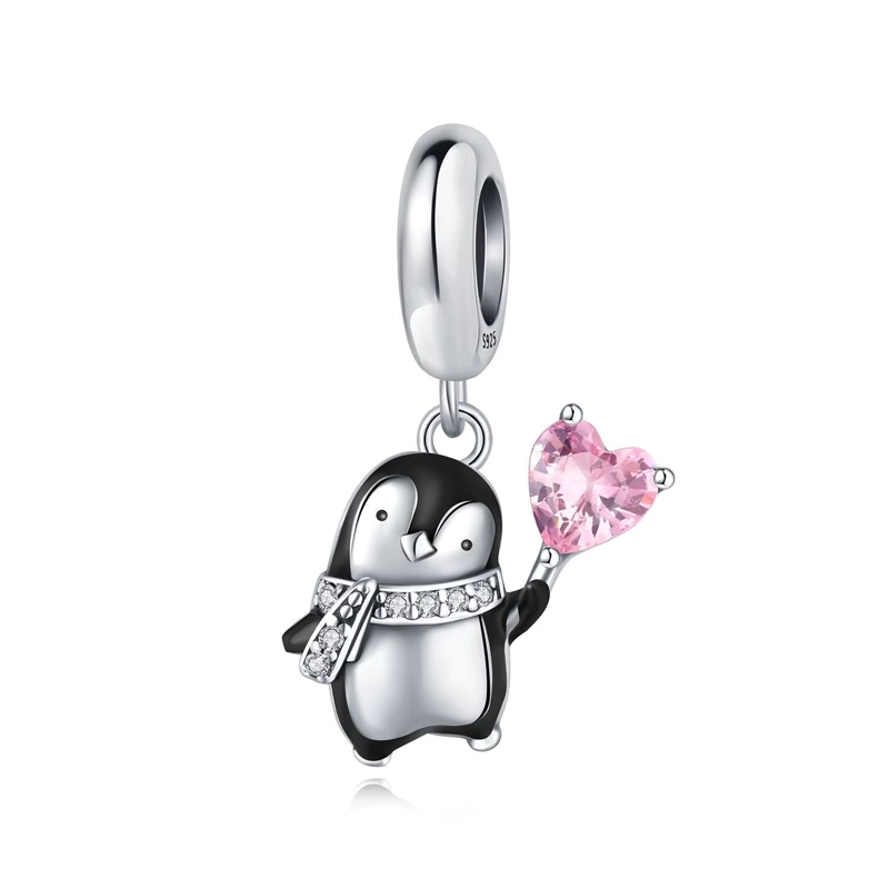 CHARM PINGÜINO Y CORAZON CON CIRCONES EN PLATA FINA 925 SILVER HEART - 1