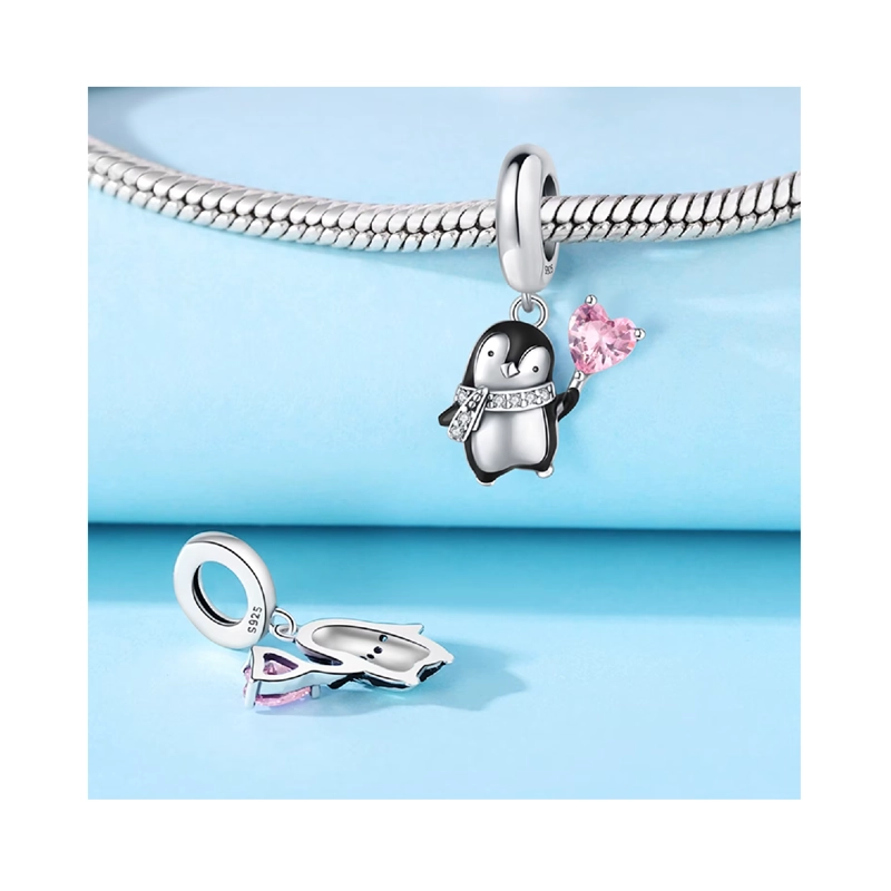 CHARM PINGÜINO Y CORAZON CON CIRCONES EN PLATA FINA 925 SILVER HEART - 2