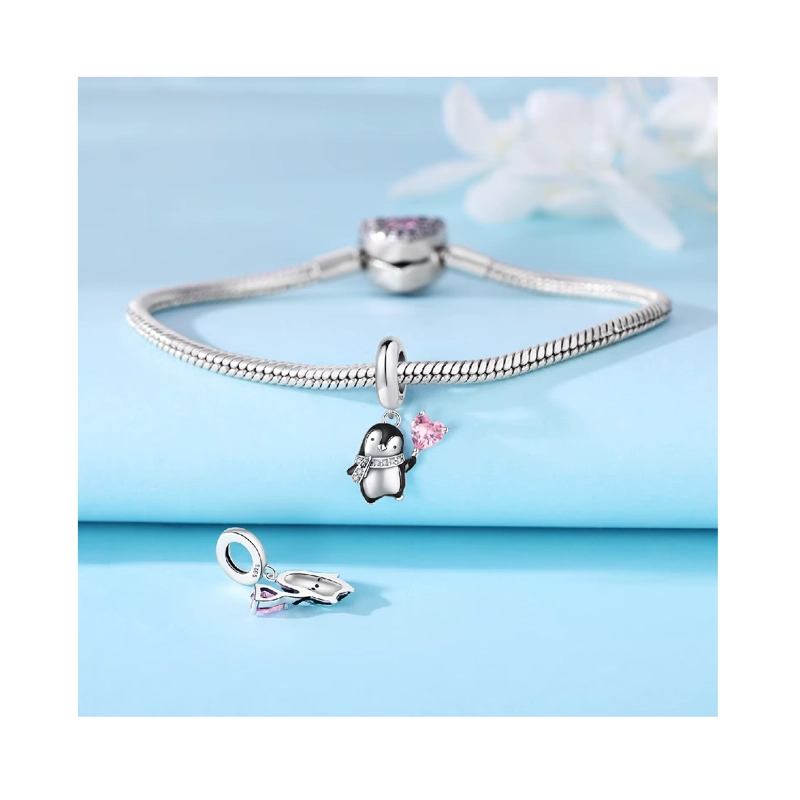 CHARM PINGÜINO Y CORAZON CON CIRCONES EN PLATA FINA 925 SILVER HEART - 3