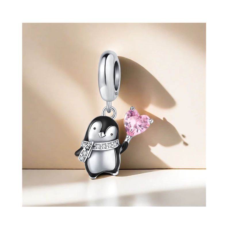 CHARM PINGÜINO Y CORAZON CON CIRCONES EN PLATA FINA 925 SILVER HEART - 4