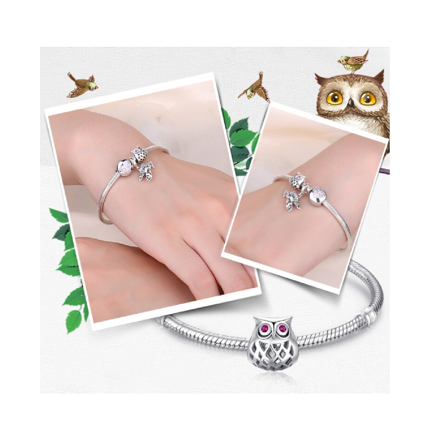 CHARM BÚHO CON OJOS CIRCONES ROSA EN PLATA 925 SILVER HEART - 2