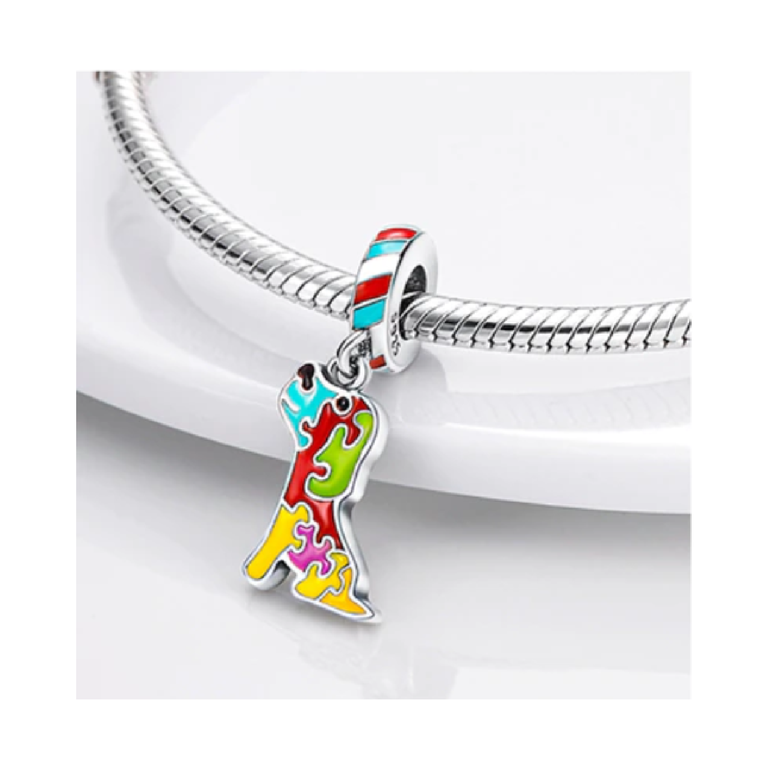CHARM PERRO Y PUZZLE COLORIDO AUTISMO PLATA 925 SILVER HEART - 2