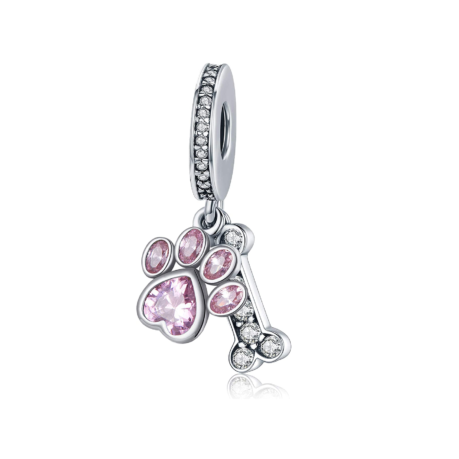 CHARM HUESO HUELLA PERRO CRISTAL ROSA PLATA 925 SILVER HEART - 1