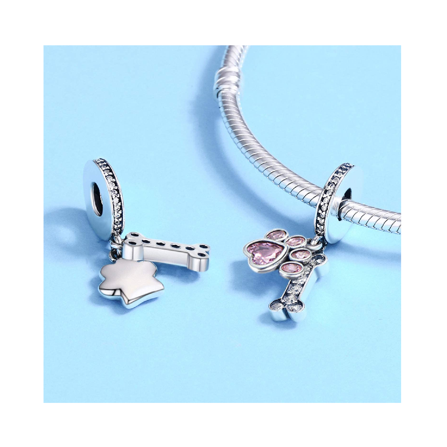 CHARM HUESO HUELLA PERRO CRISTAL ROSA PLATA 925 SILVER HEART - 2
