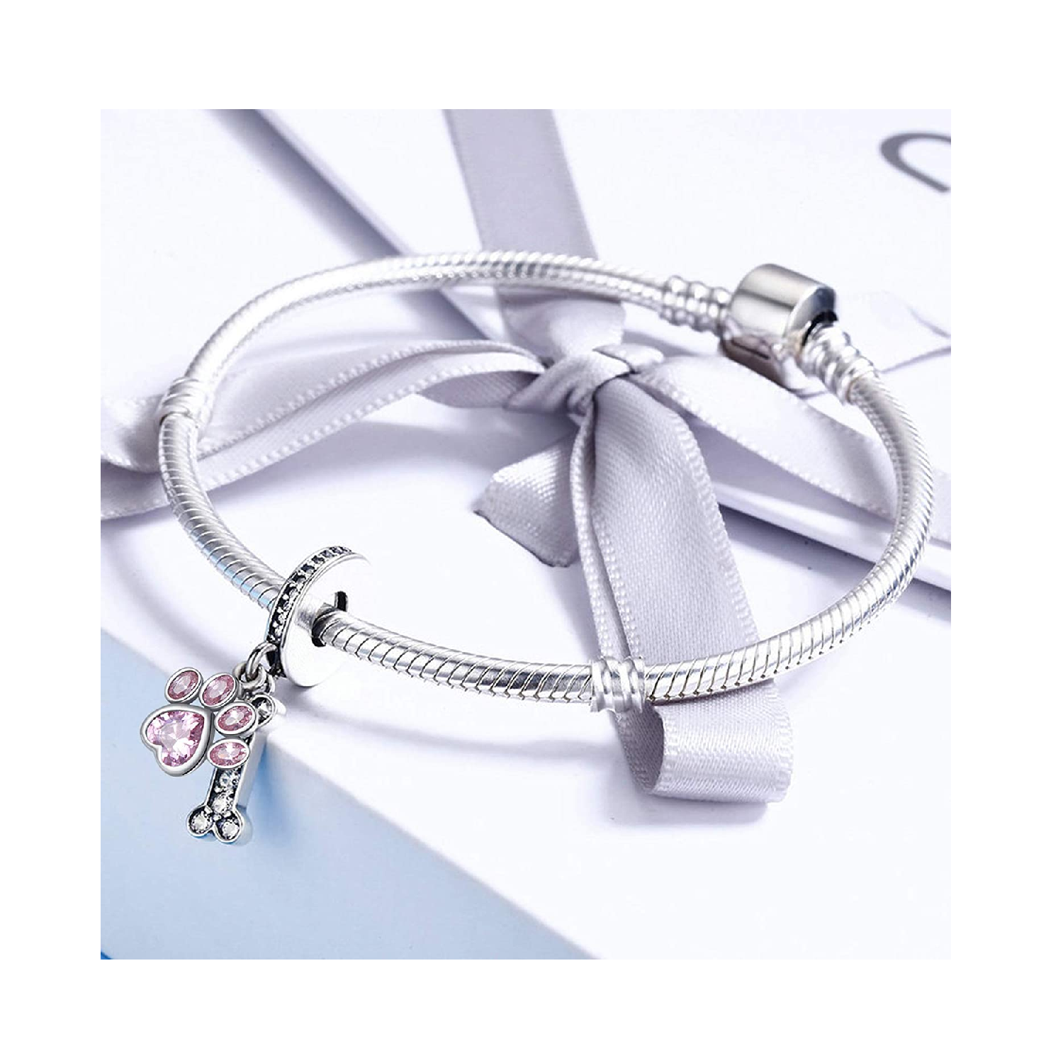 CHARM HUESO HUELLA PERRO CRISTAL ROSA PLATA 925 SILVER HEART - 3