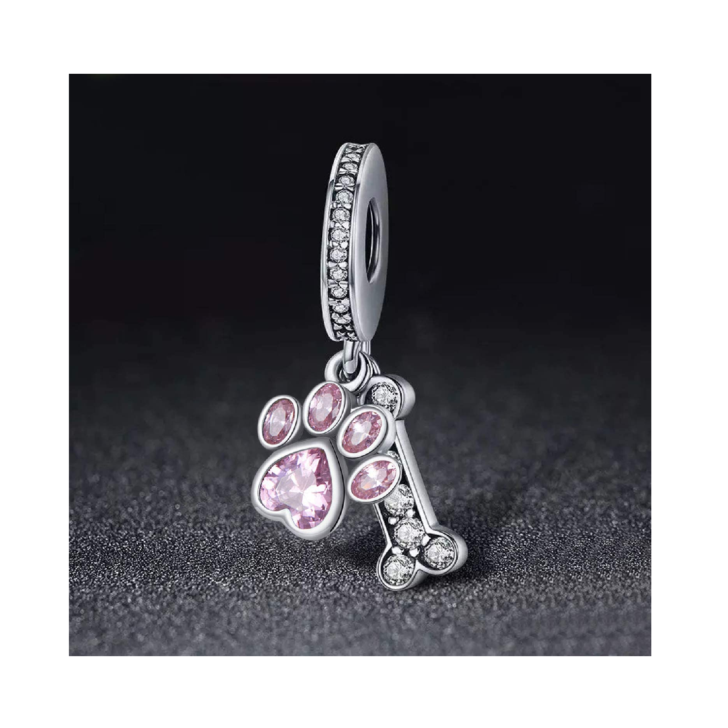 CHARM HUESO HUELLA PERRO CRISTAL ROSA PLATA 925 SILVER HEART - 4