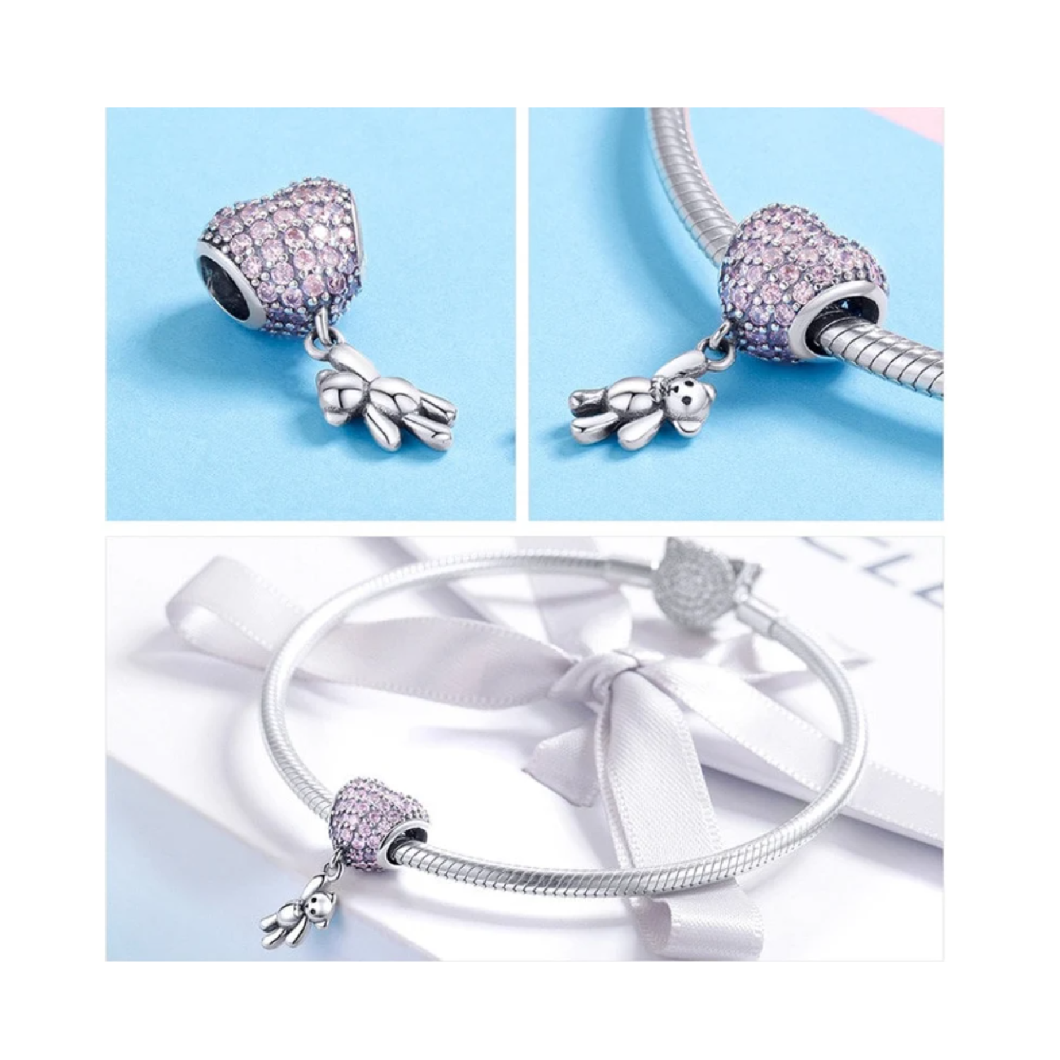 CHARM OSO Y GLOBO DE CORAZÓN ROSA EN PLATA 925 SILVER HEART - 2