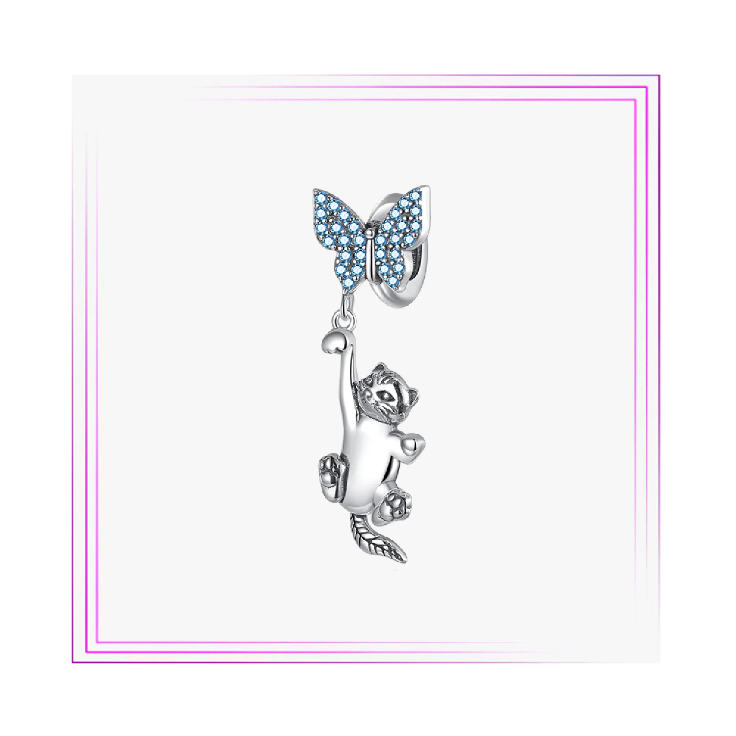 CHARM GATITO Y MARIPOSA CELESTE EN PLATA 925 SILVER HEART - 2