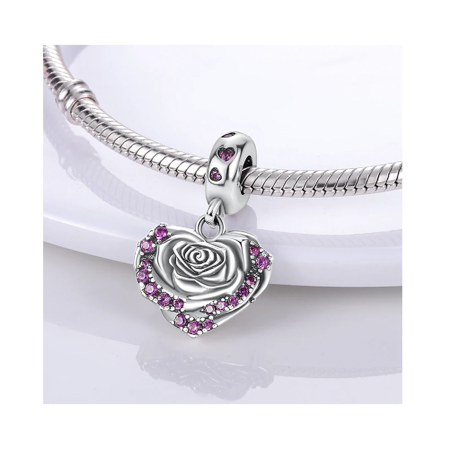 CHARM CORAZÓN DE ROSA Y CIRCONES EN PLATA 925 SILVER HEART - 3