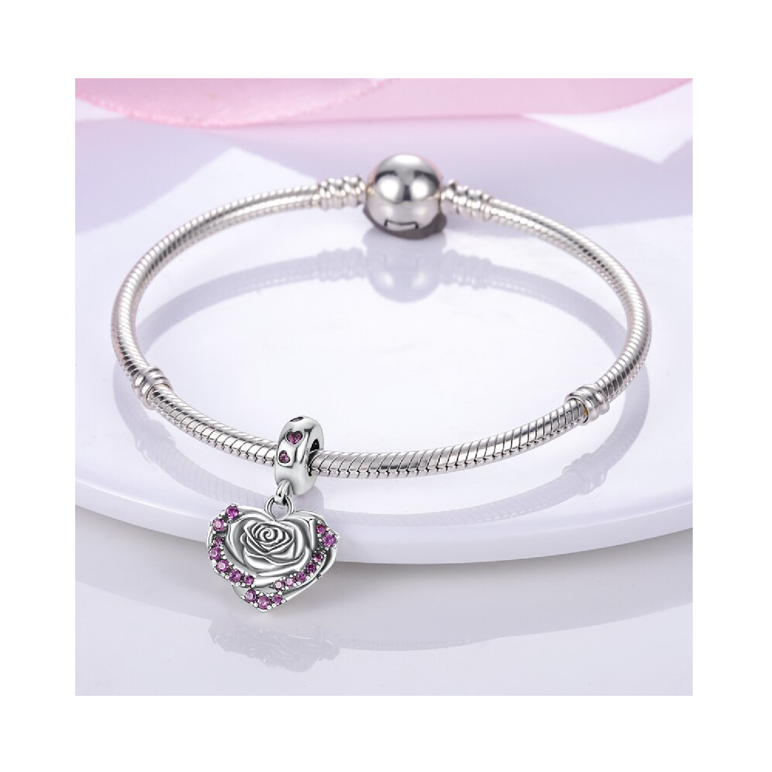 CHARM CORAZÓN DE ROSA Y CIRCONES EN PLATA 925 SILVER HEART - 4