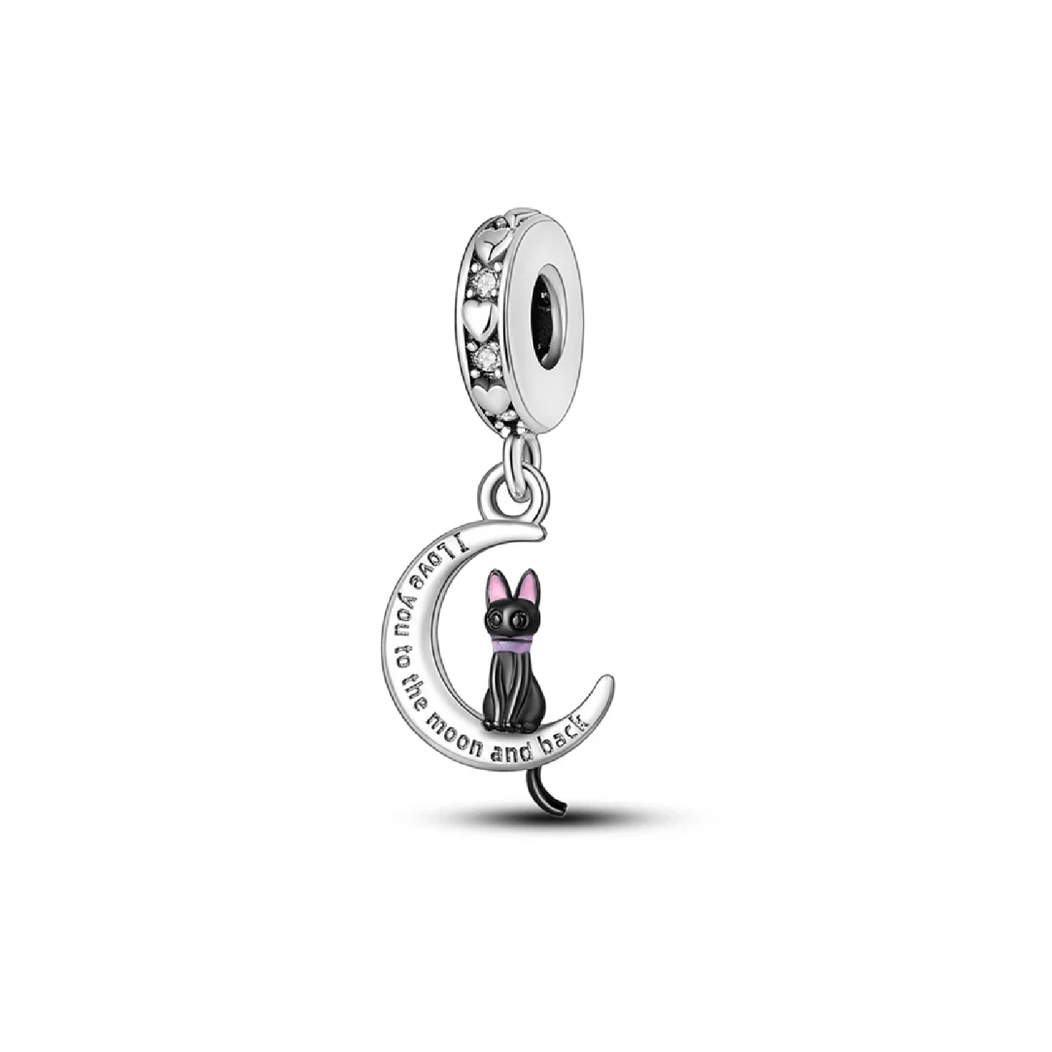 CHARM GATO EN COLOR NEGRO MEDIA LUNA CIRCONES PLATA 925 SILVER HEART - 1