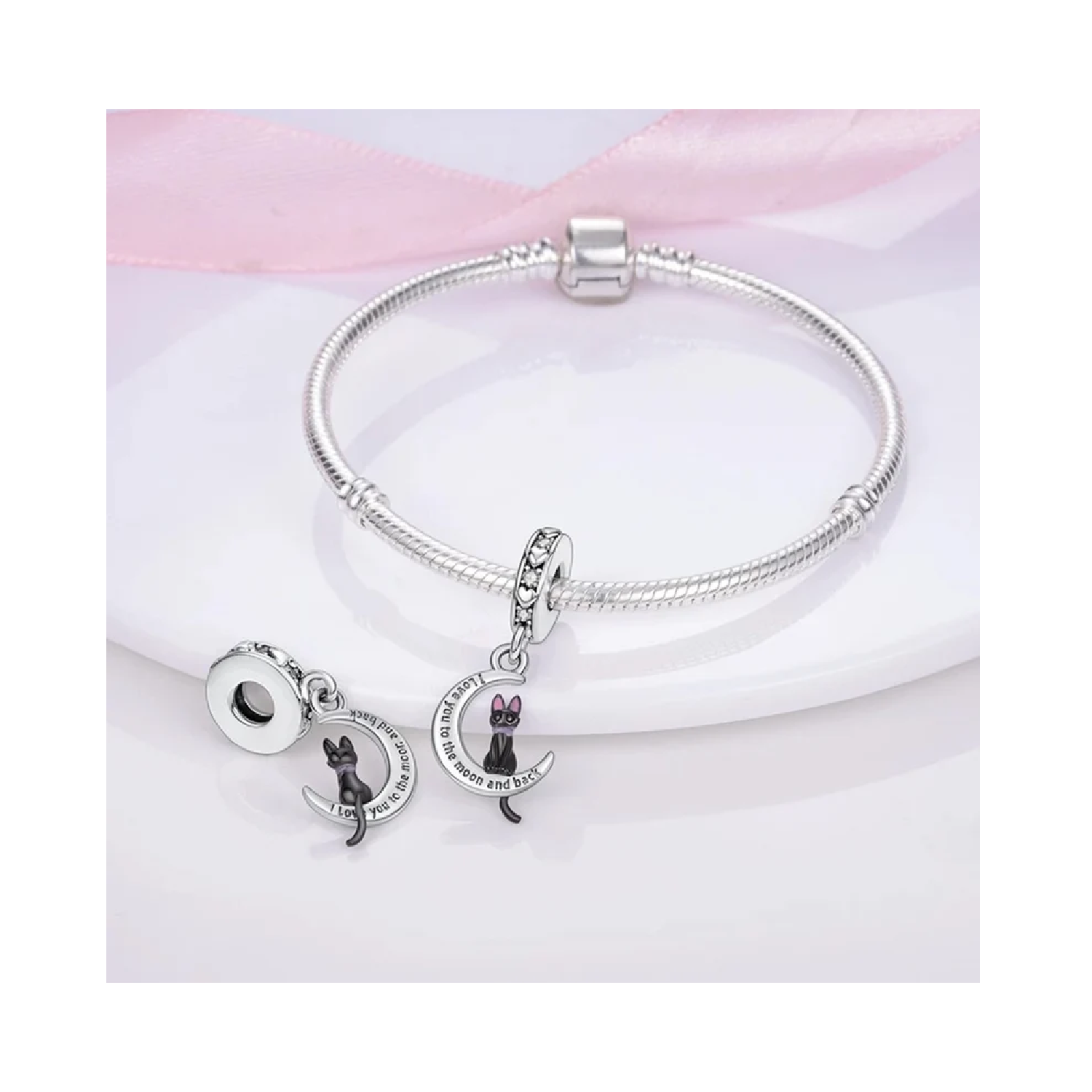 CHARM GATO EN COLOR NEGRO MEDIA LUNA CIRCONES PLATA 925 SILVER HEART - 3