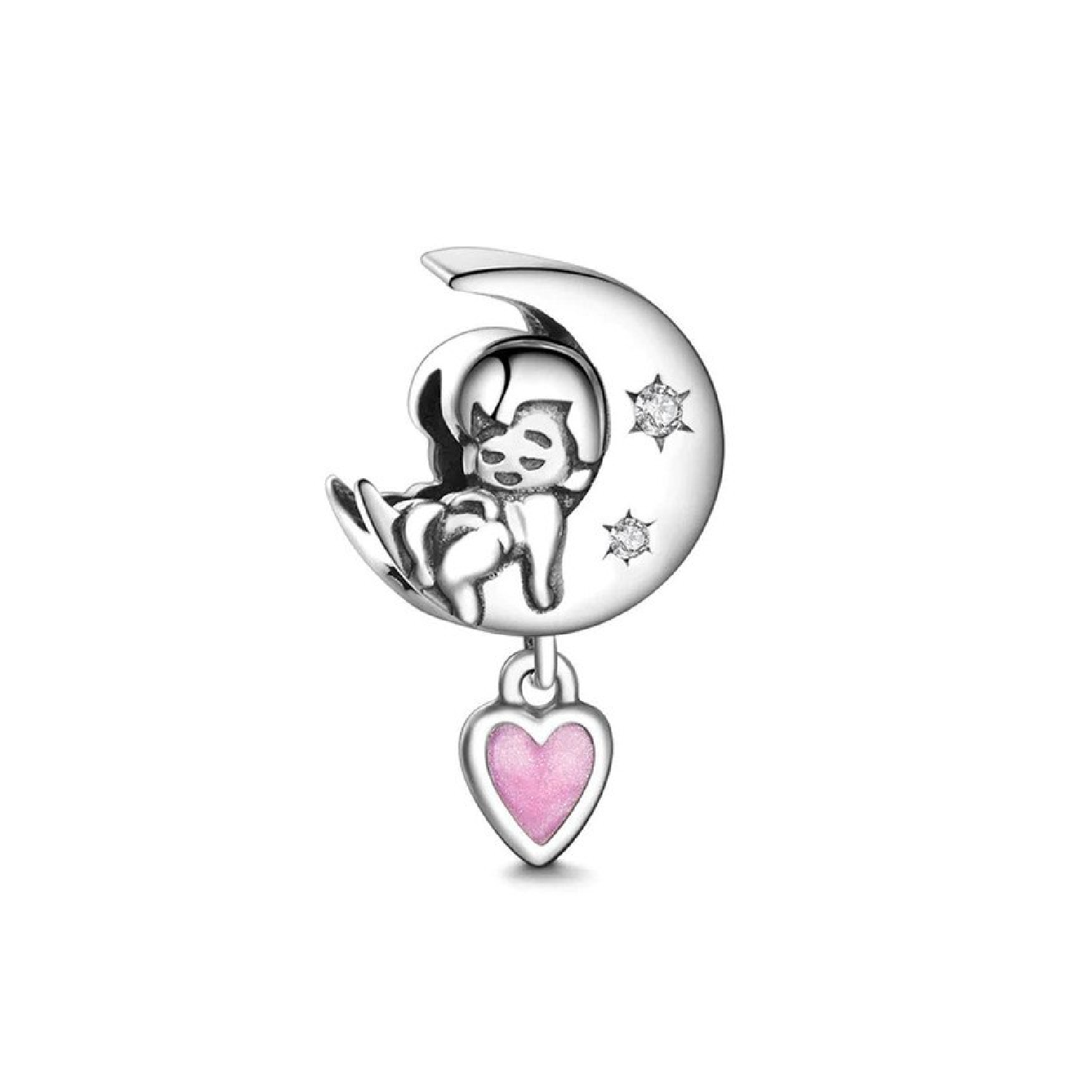 CHARM BEBÉ, MEDIA LUNA Y CORAZÓN ROSA PLATA 925 SILVER HEART - 1