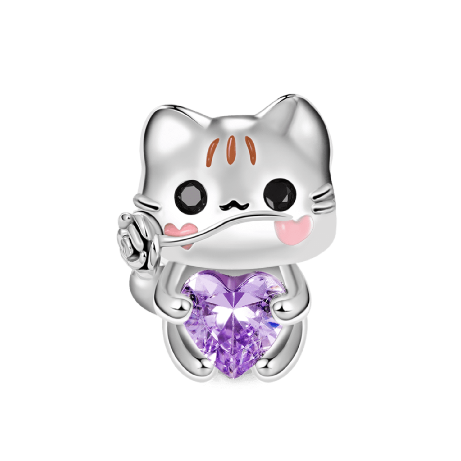CHARM GATITO Y CORAZÓN CIRCÓN LILA EN PLATA 925 SILVER HEART - 1