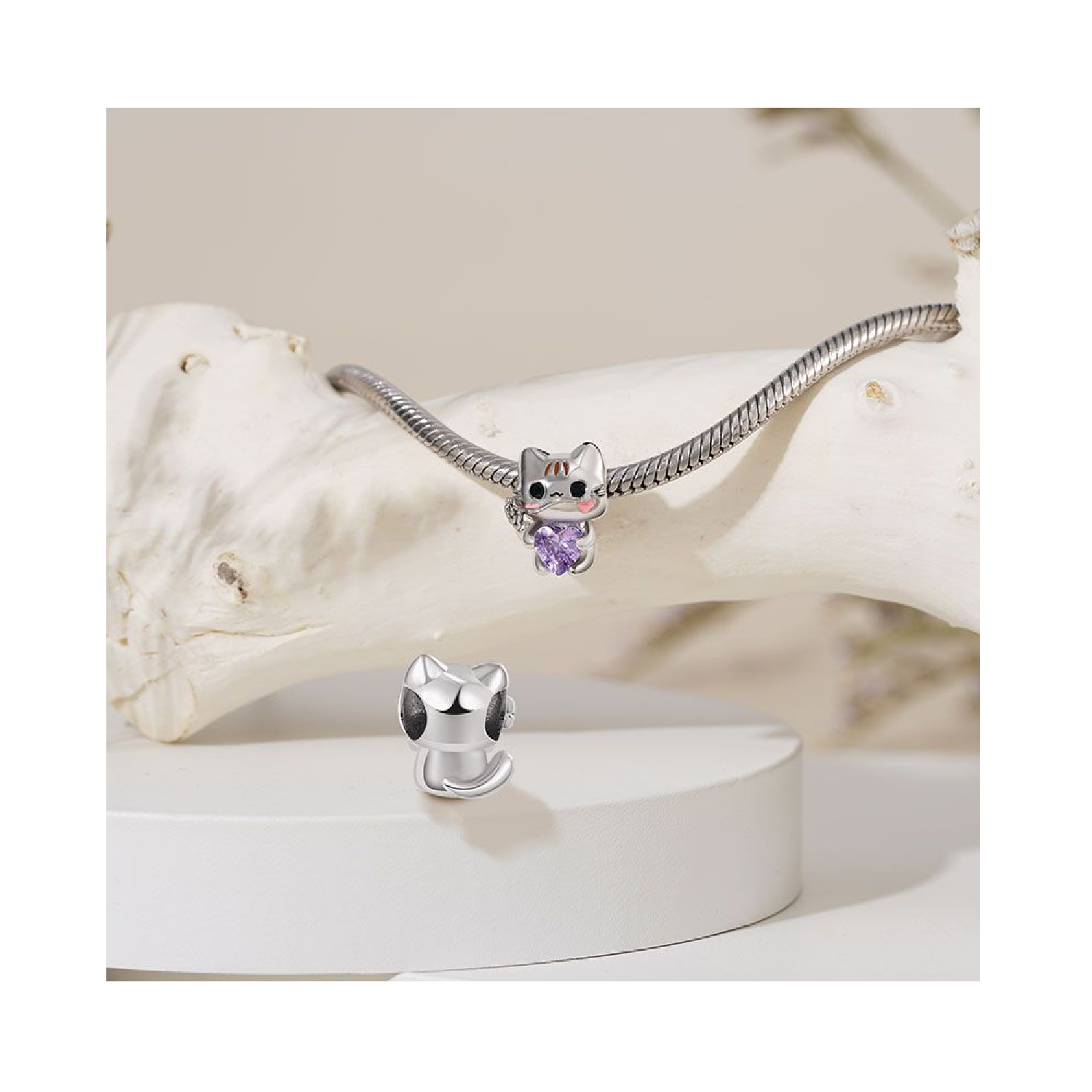 CHARM GATITO Y CORAZÓN CIRCÓN LILA EN PLATA 925 SILVER HEART - 2