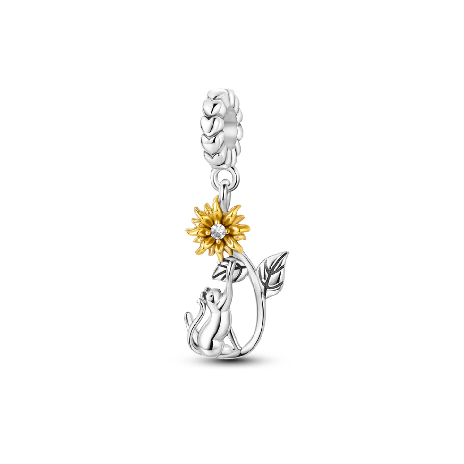 CHARM GATO Y FLOR GIRASOL CON CIRCÓN PLATA 925 SILVER HEART - 1