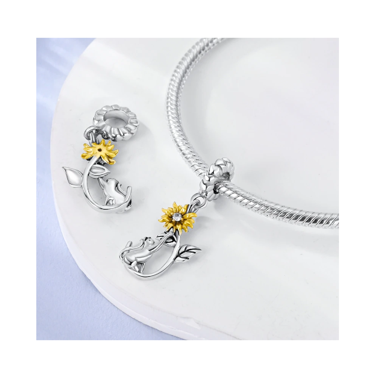 CHARM GATO Y FLOR GIRASOL CON CIRCÓN PLATA 925 SILVER HEART - 2