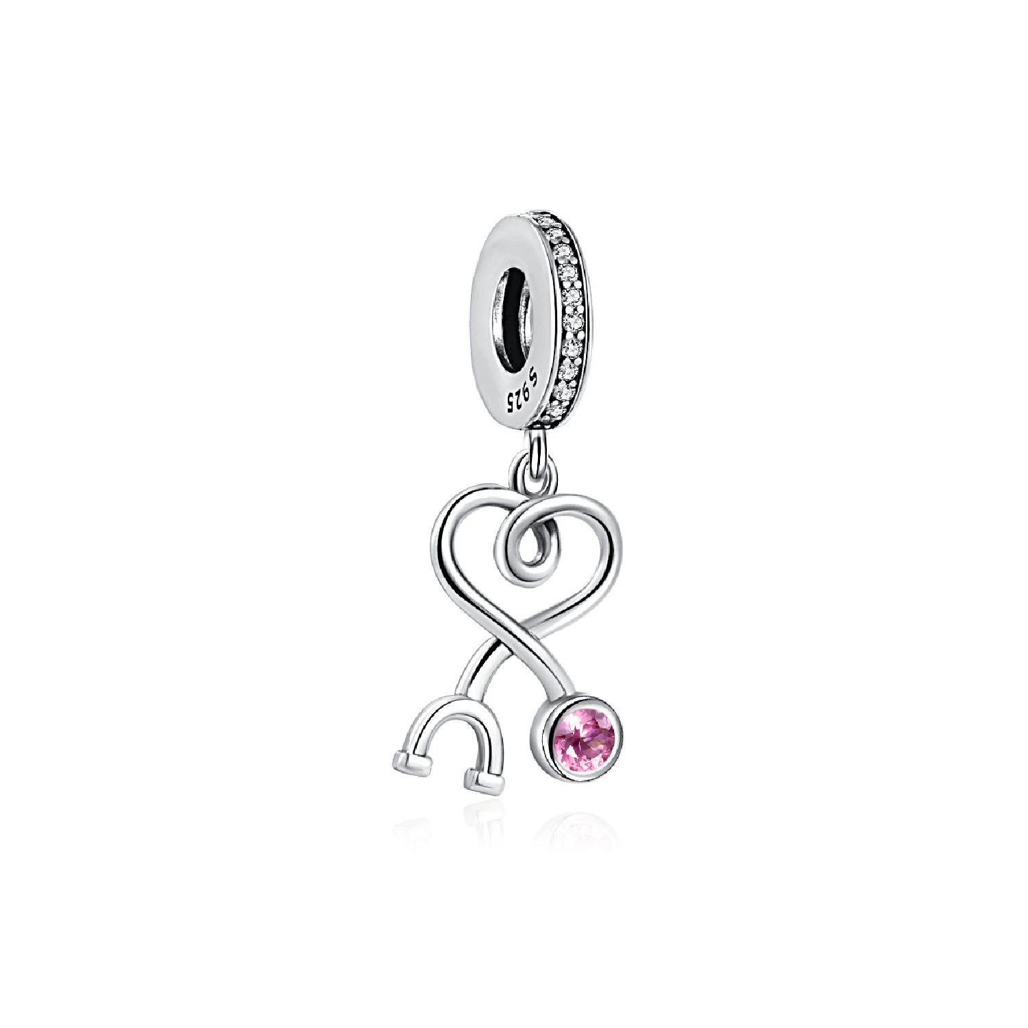 CHARM ESTETOSCOPIO MEDICO CIRCÓN ROSA PLATA 925 SILVER HEART - 1