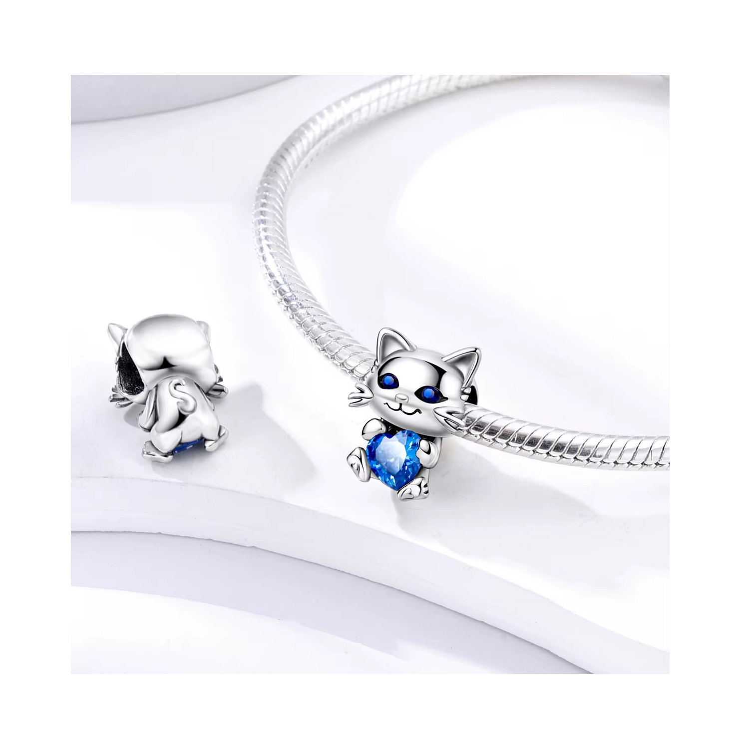 CHARM GATITO TIERNO Y CORAZÓN AZUL EN PLATA 925 SILVER HEART - 2