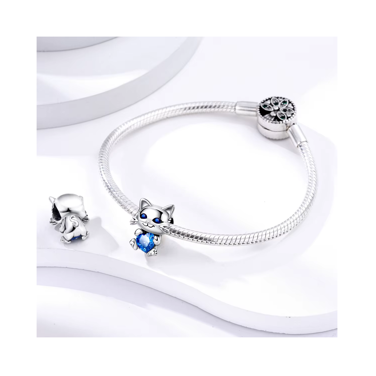 CHARM GATITO TIERNO Y CORAZÓN AZUL EN PLATA 925 SILVER HEART - 3