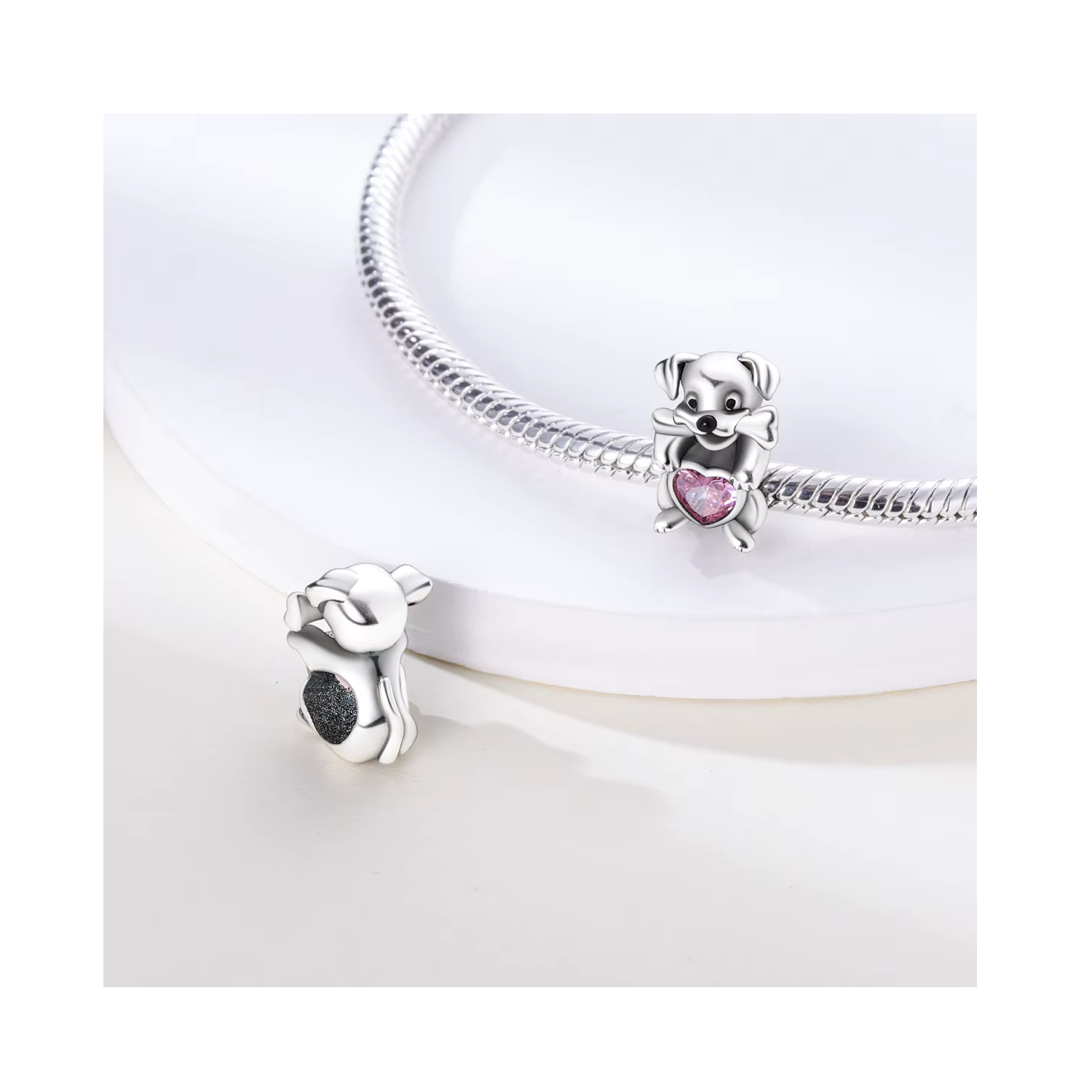 CHARM PERRITO TIERNO CORAZÓN ROSA EN PLATA 925 SILVER HEART - 2