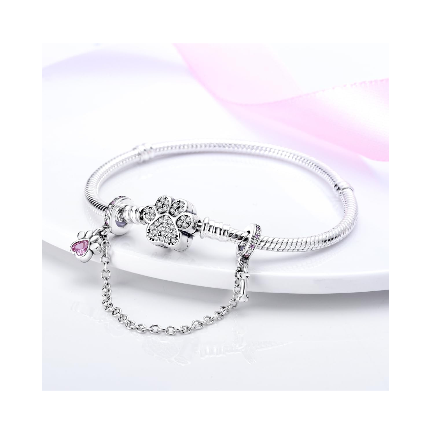 CHARM CADENA SEGURIDAD HUESO Y HUELLA PLATA 925 SILVER HEART - 2