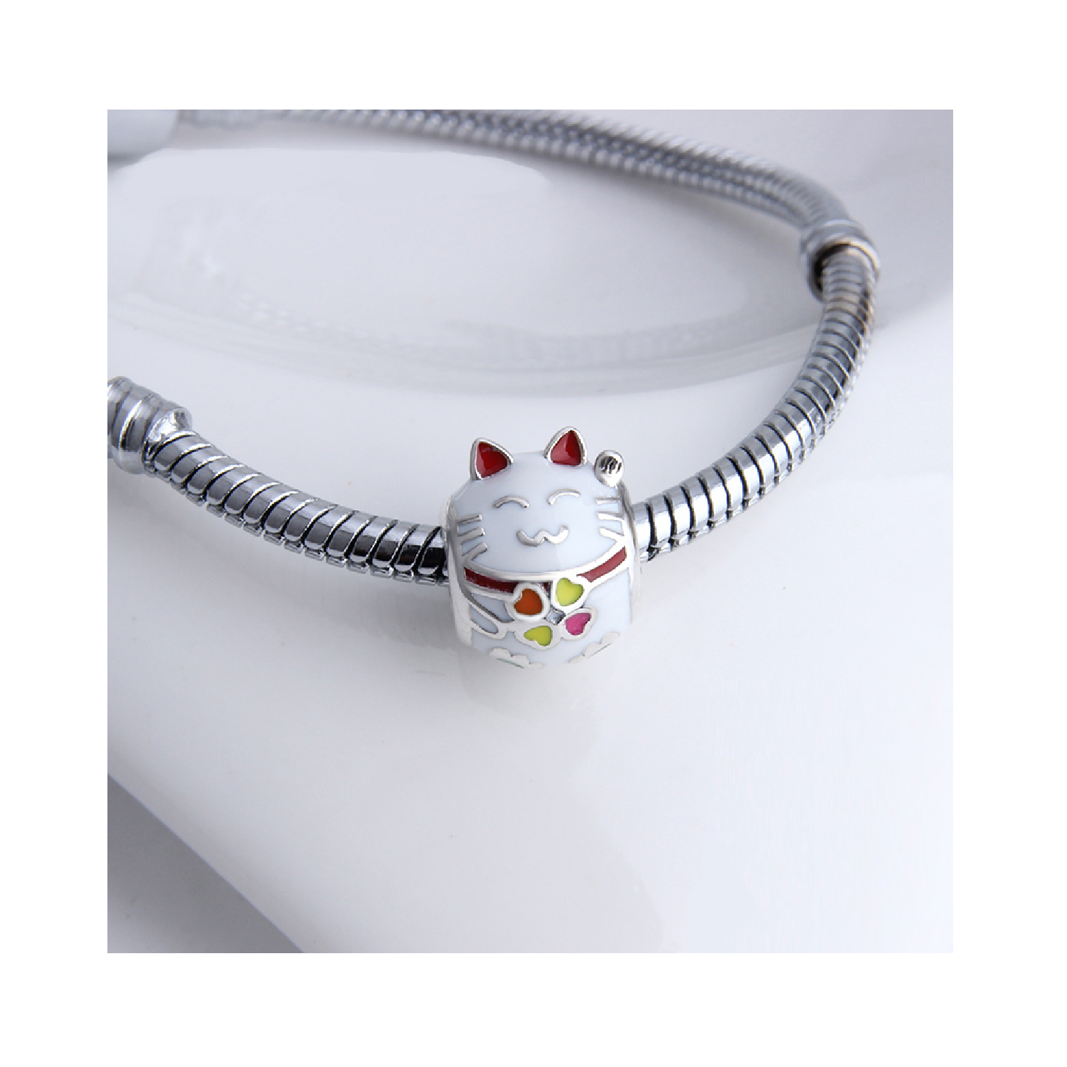 CHARM GATO EN COLOR BLANCO DE LA SUERTE EN PLATA 925 SILVER HEART - 2