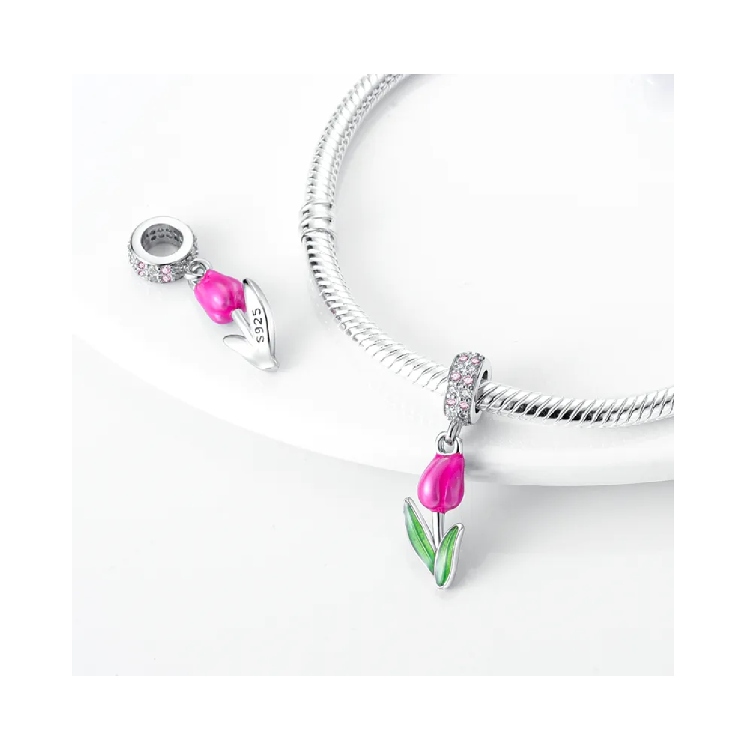 CHARM FLOR TULIPÁN ROSA EN PLATA 925 SILVER HEART - 2