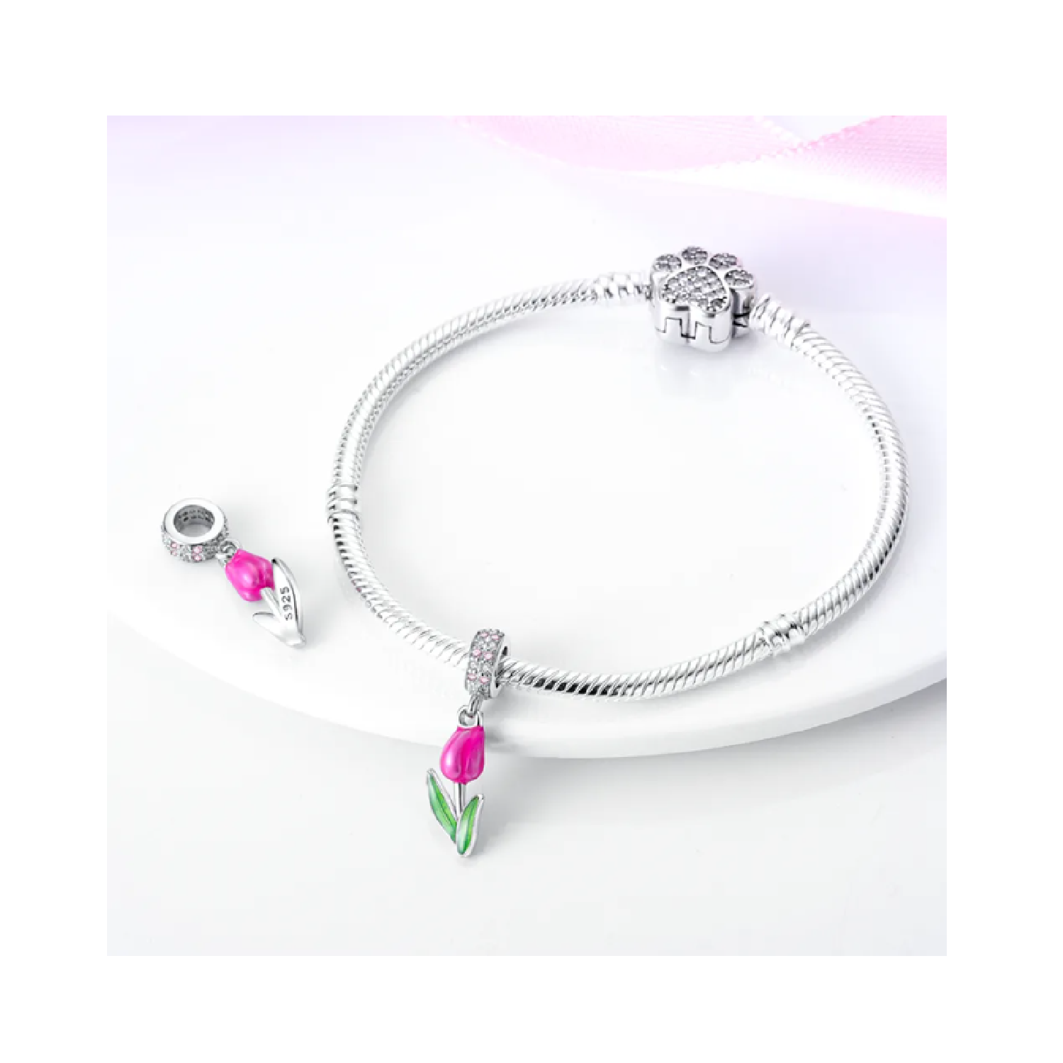 CHARM FLOR TULIPÁN ROSA EN PLATA 925 SILVER HEART - 3