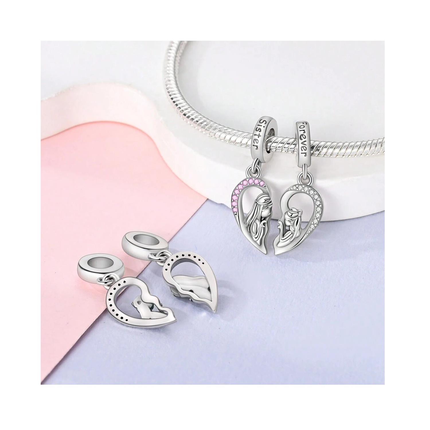 CHARM DOBLE CORAZÓN AMOR HERMANAS EN PLATA 925 SILVER HEART - 2