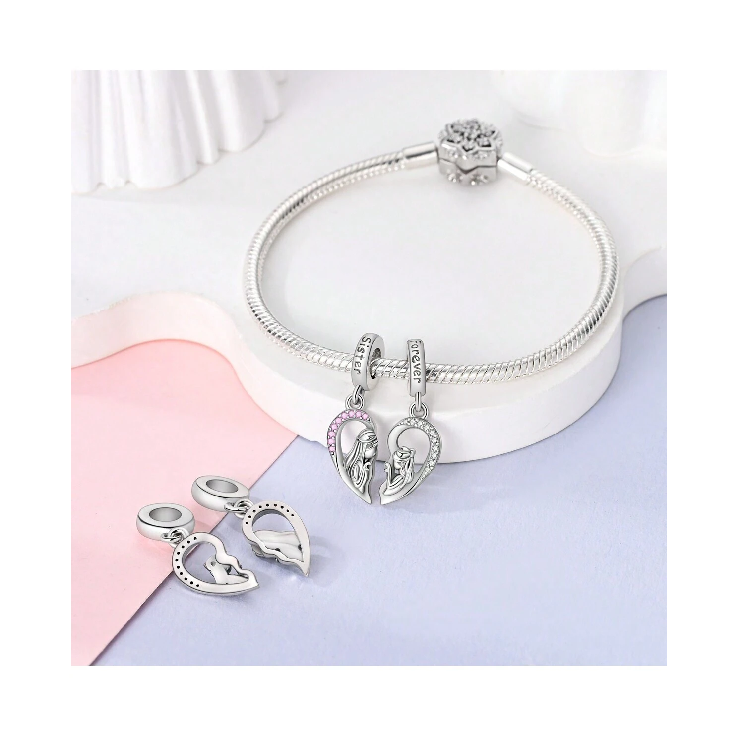 CHARM DOBLE CORAZÓN AMOR HERMANAS EN PLATA 925 SILVER HEART - 3