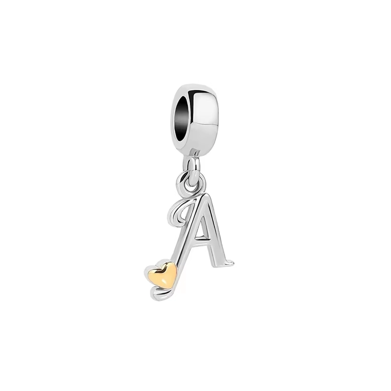 CHARM LETRA A DEL ALFABETO / ABECEDARIO Y CORAZON DORADO EN PLATA FINA 925 - 1