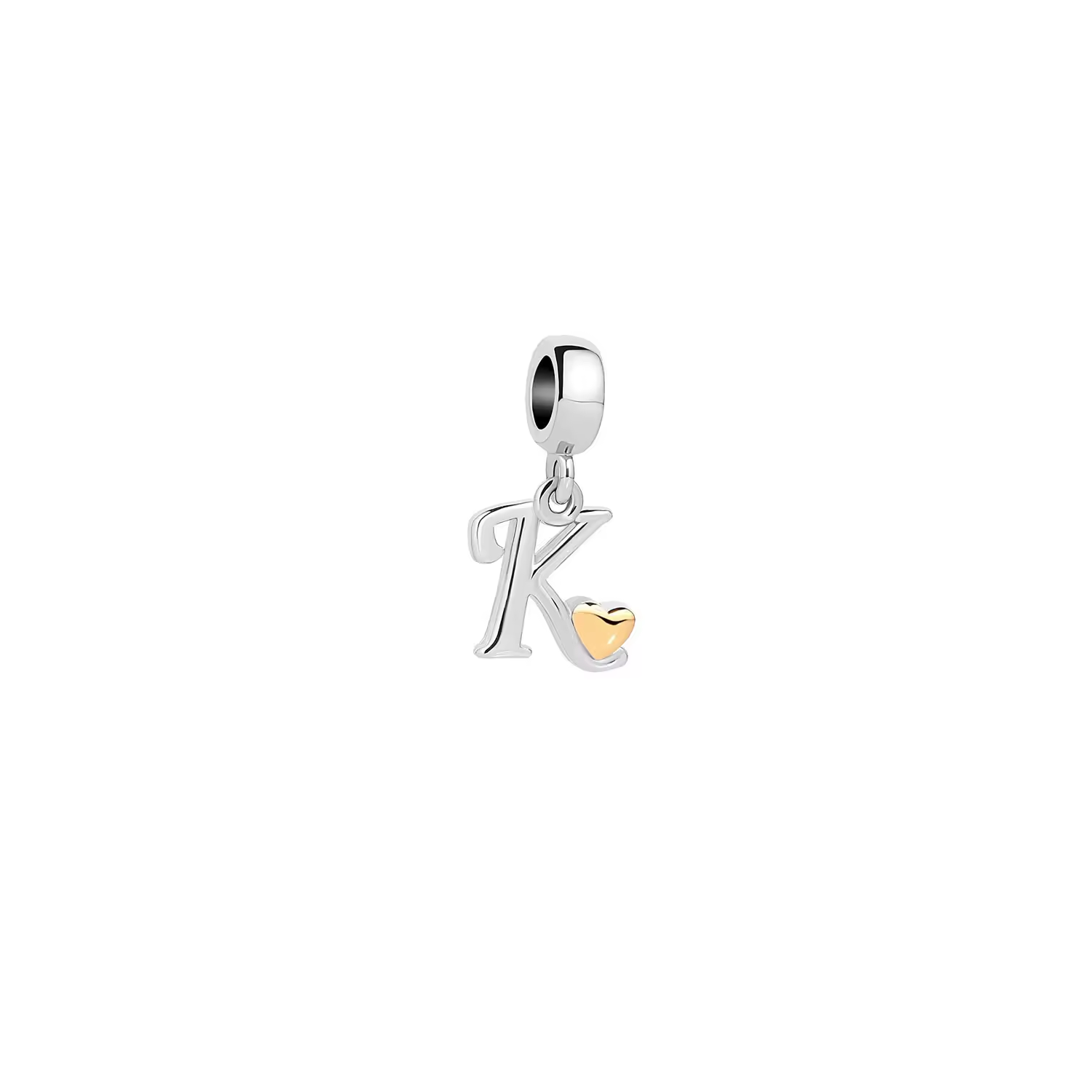 CHARM LETRA K DEL ALFABETO / ABECEDARIO Y CORAZON DORADO EN PLATA FINA 925 - 1